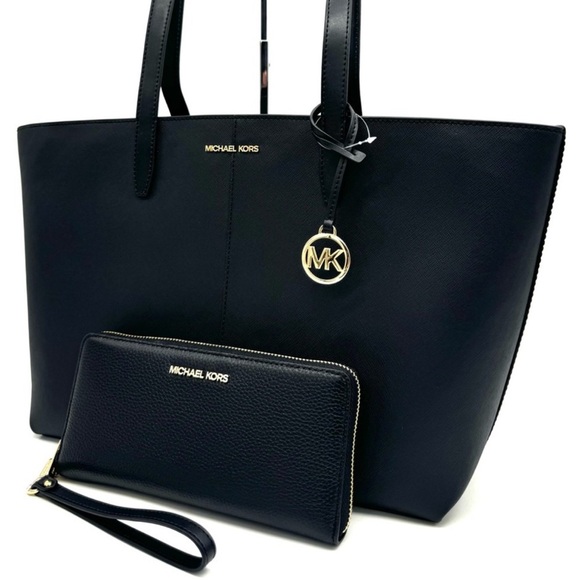 Michael Kors Medium Jet Set Travel Zip Tote Bag & Continental Wallet Black/Gold - Picture 1 of 13